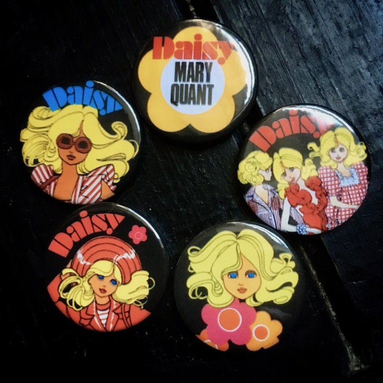 Five Mary Quant Daisy Doll badges