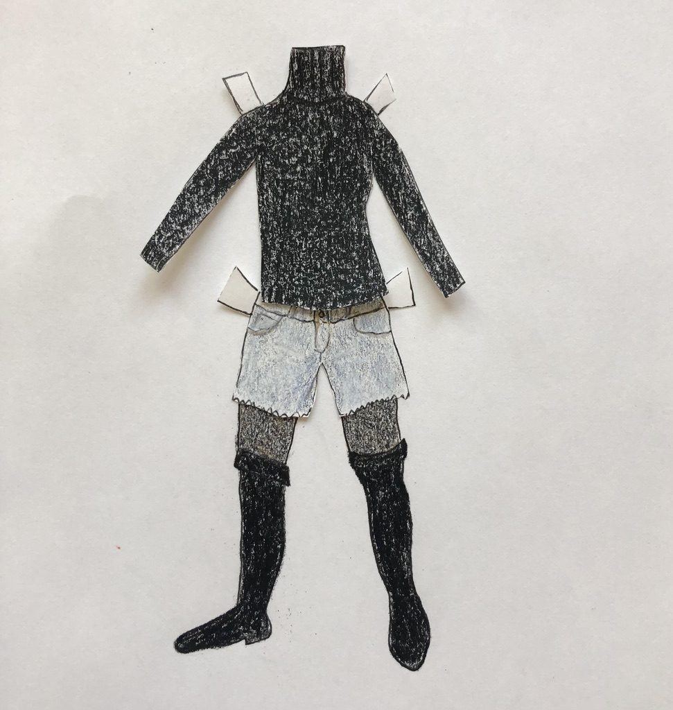 Cut-off jeans, boots and turtleneck by Nancy Glowinski