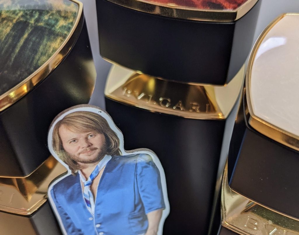 Benny fridge magnet and Bvlgari perfume