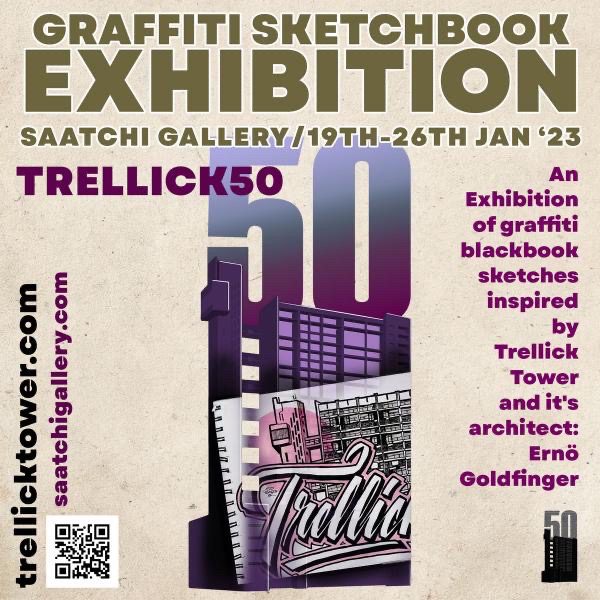 Flyer for Trellick Hall of Fame Graffiti Sketchbook Exhibition at Saatchi Gallery