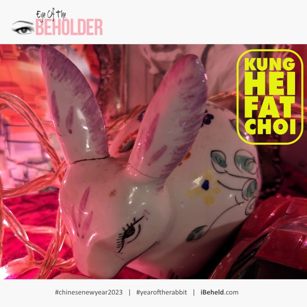 A smalll white china rabbit whose ears have been broken off and then superglued back on regards you with a beady painted eye. It is sitting on a piece of red velvet, surrounded by pink fairy lights. Yellow text in a bubble to the side reads Kung Hei Fat Choi. It wishes you a Happy Lunar New Year