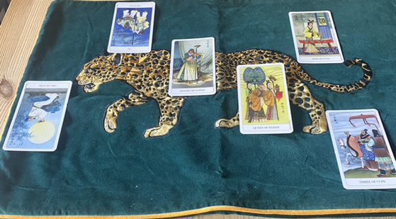 Six cards from The Chinese Tarot Deck lie on green velvet cloth embellished with a leopard