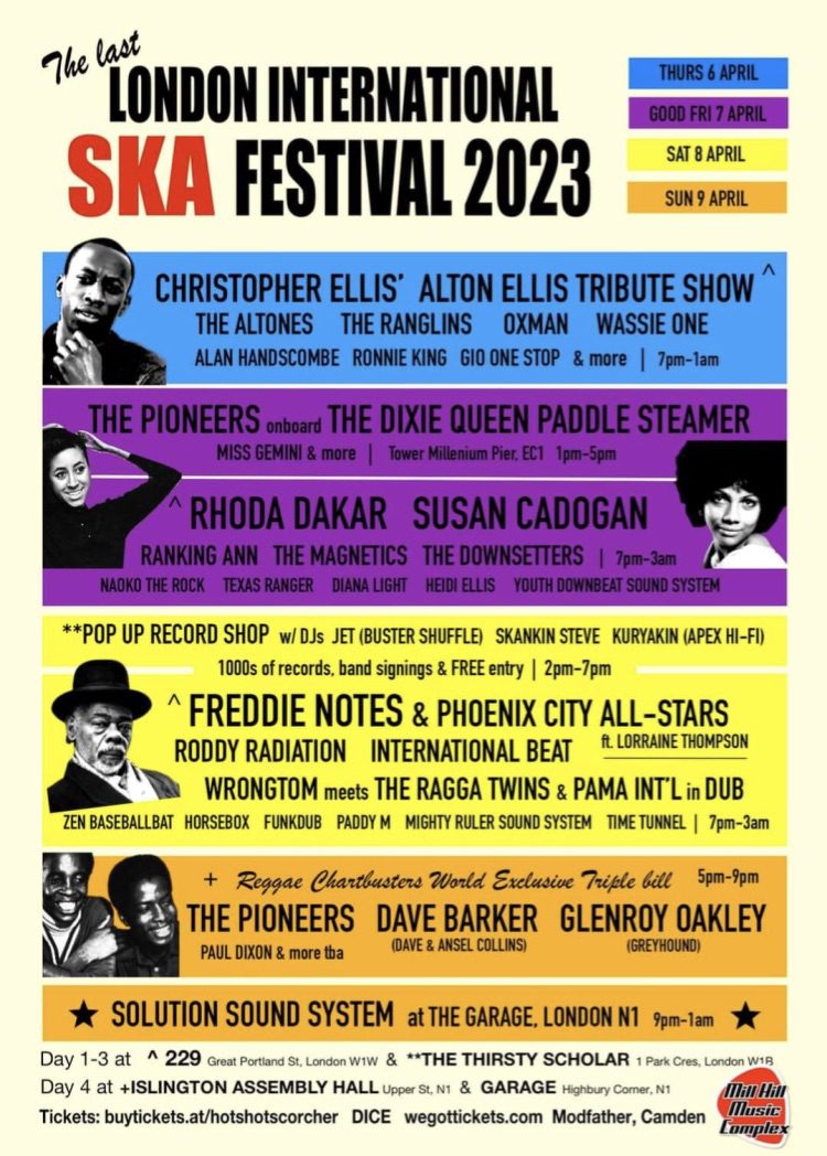 Flyer for The London International Ska Festival 2023. Bold bands of colour and list of artists performing over the 4th to the 6th of April 2023