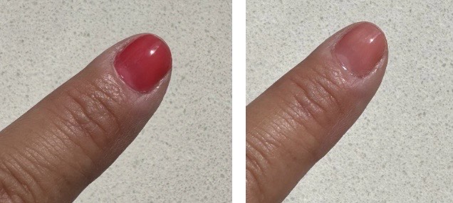 Fingernails painted in Sheer Red