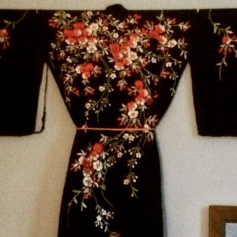 Very old black silk kimono with cherry blossom embroidery