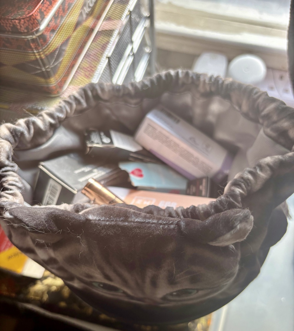 A Drawstring Bag That Looks Like A Cat open showing products inside
