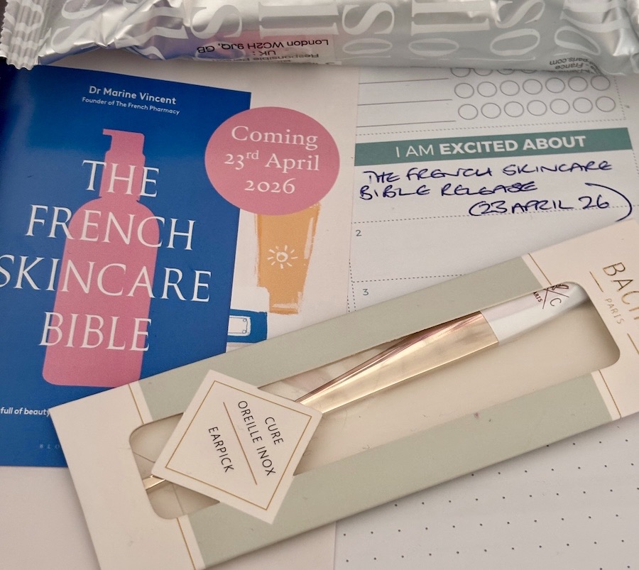 Flyer for The French Skincare Bible set on a planner that shows 'I am excited about' box filled in with The French Skincare Bible release date
